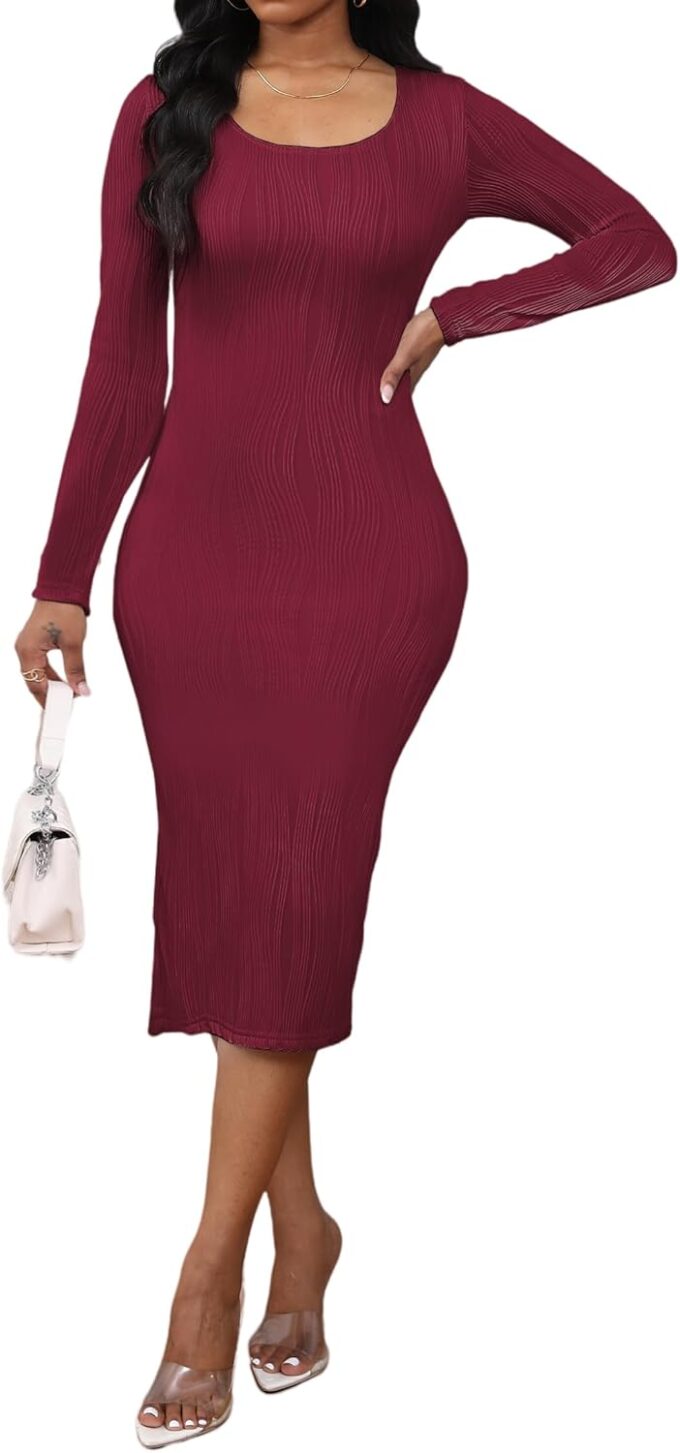 Women's Casual Formal Square Neck Fitted Midi Bodycon Slit Dress – Bild 5