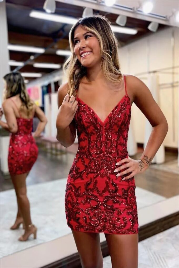 Women's Lace Appliques Sparkly Sequin Homecoming Dress Short V Neck Formal Evening Party Dresses PU156 – Bild 3