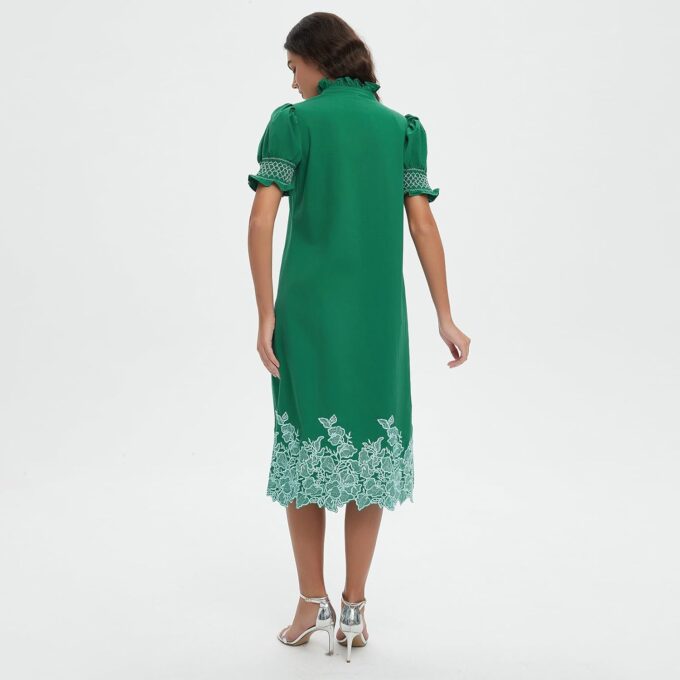 Womens Casual Shirt Dress Button Down Short Sleeve Midi Dress Flower Embroidery Slit Spring Summer Fall Fashion Dresses – Bild 6