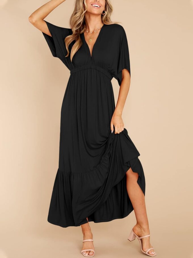 DEEP SELF Women’s Summer V Neck Batwing Short Sleeve Maxi Dress Casual Loose High Waist Flowy Long Beach Dress – Bild 2