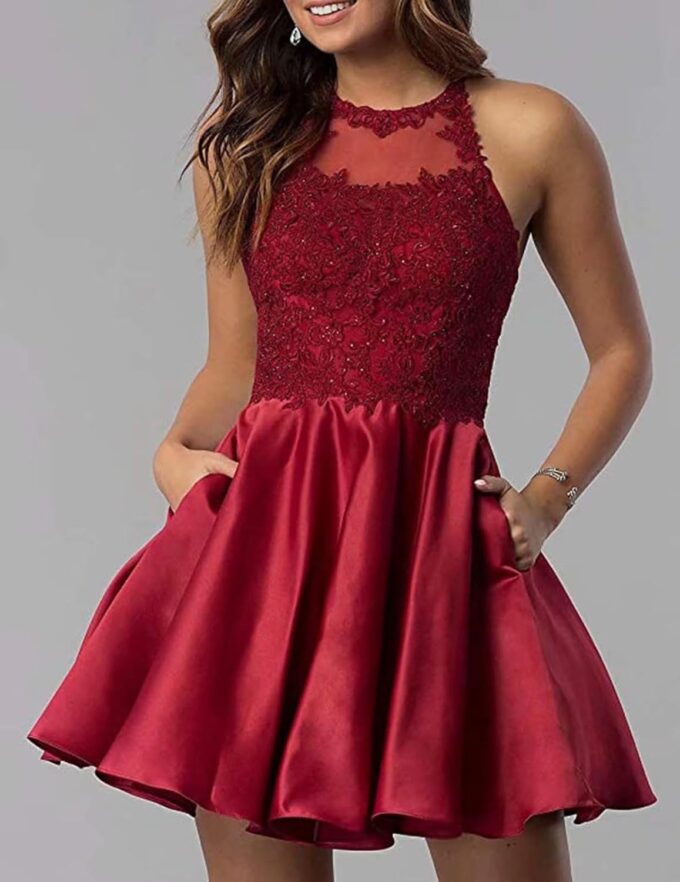 Women's Homecoming Dresses Satin Cocktail Dresses with Pockets for Teens Halter Applique Lace Short Prom Dresses – Bild 3