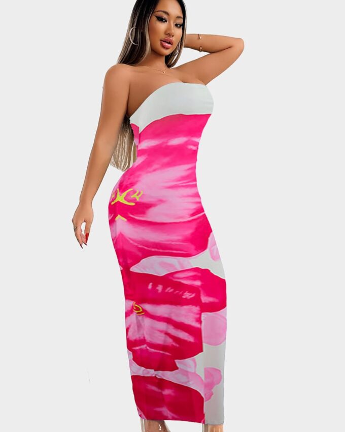 Floral Print Strapless Bodycon Maxi Dress - Sexy Summer Beach Dress for Women, Tropical Vacation Sundress, Club Party – Bild 5