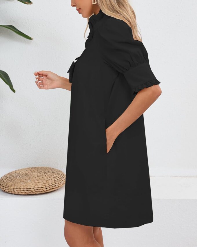 Women's Puff Short Sleeve Stand Ruffle Collar Summer Dress Casual A Line Shift Mini Dress with Pockets – Bild 4