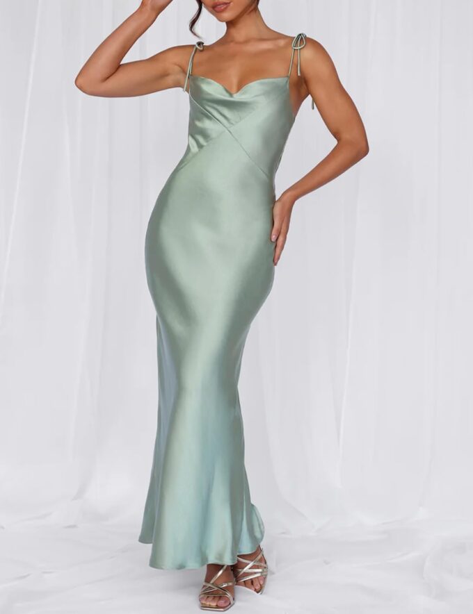 2025 Satin Cowl Neck Spaghetti Strap Slip Maxi Dress for Women Tie Strap Formal Wedding Guest Dresses with Slit – Bild 4