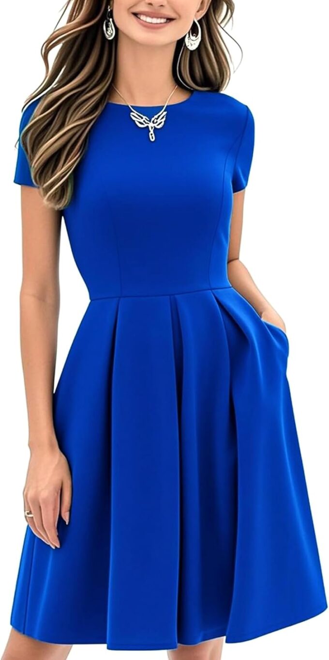 oxiuly Women's Vintage Half Sleeve O-Neck Contrast Casual Pockets Party Swing Dress OX253