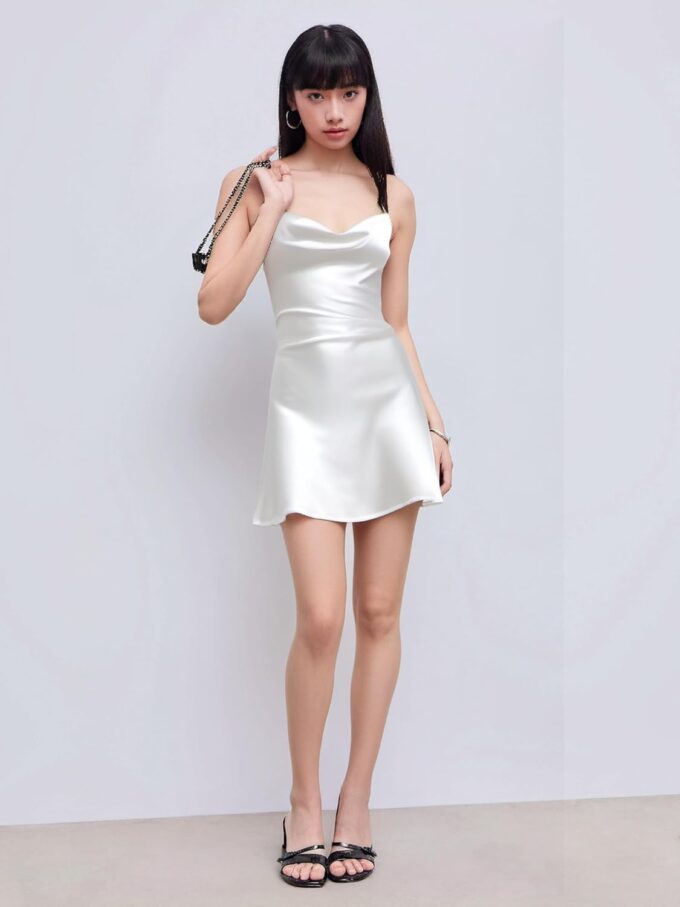 CIDER Women Summer 2025 Wedding Guest Cocktail Dresses Solid Satin Cowl Neck Cami Mini Dress – Bild 3