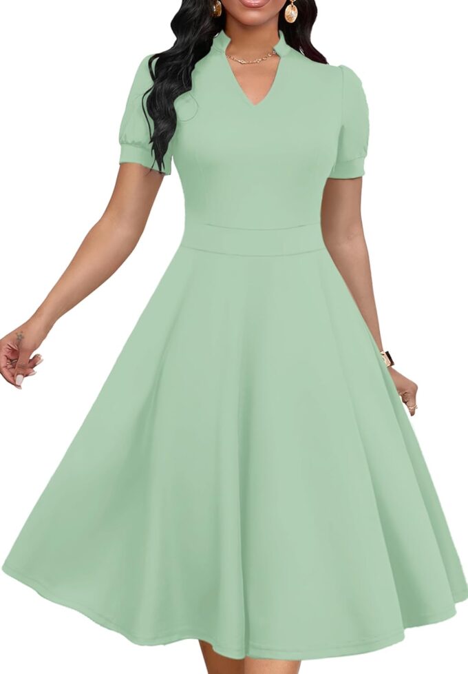 Womens Short Puff Sleeve V Neck Casual Semi-Formal Cocktail Party A-Line Dress