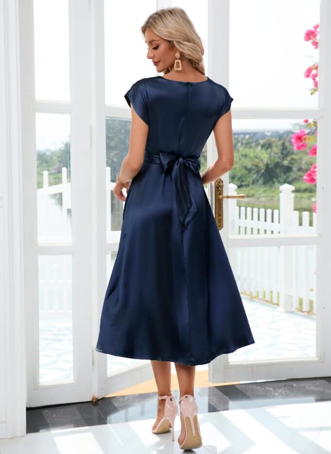 Women's Summer Satin Dress Elegant A-Line Cap Sleeves Tie Waist Flowy Midi Dress Cocktail Wedding Guest Dress – Bild 3