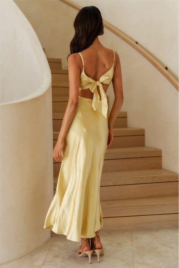 2025 Satin Cut Out Maxi Summer Dresses for Women Silk Spaghetti Strap V-Neck Backless Tie Back Wedding Guest Midi Dress – Bild 5