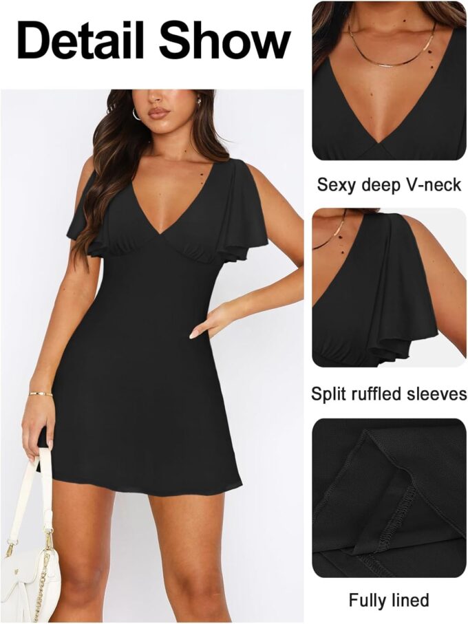 Women's Sexy Deep V-Neck Ruffle Sleeve Mini Dresses Summer Casual Bodycon Beach Cocktail Party Club Short Dress – Bild 3