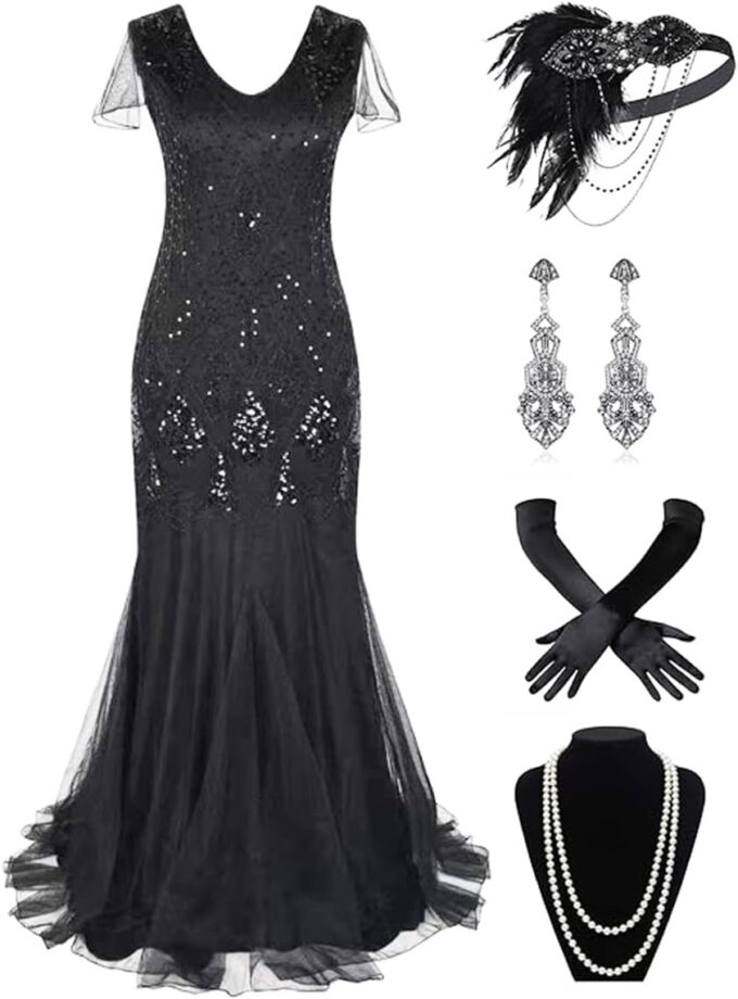 869A - Plus Size 1920s Vintage Fringed Gatsby Sequin Dimand Tassels Flapper Party Cocktail Dress with Accessories