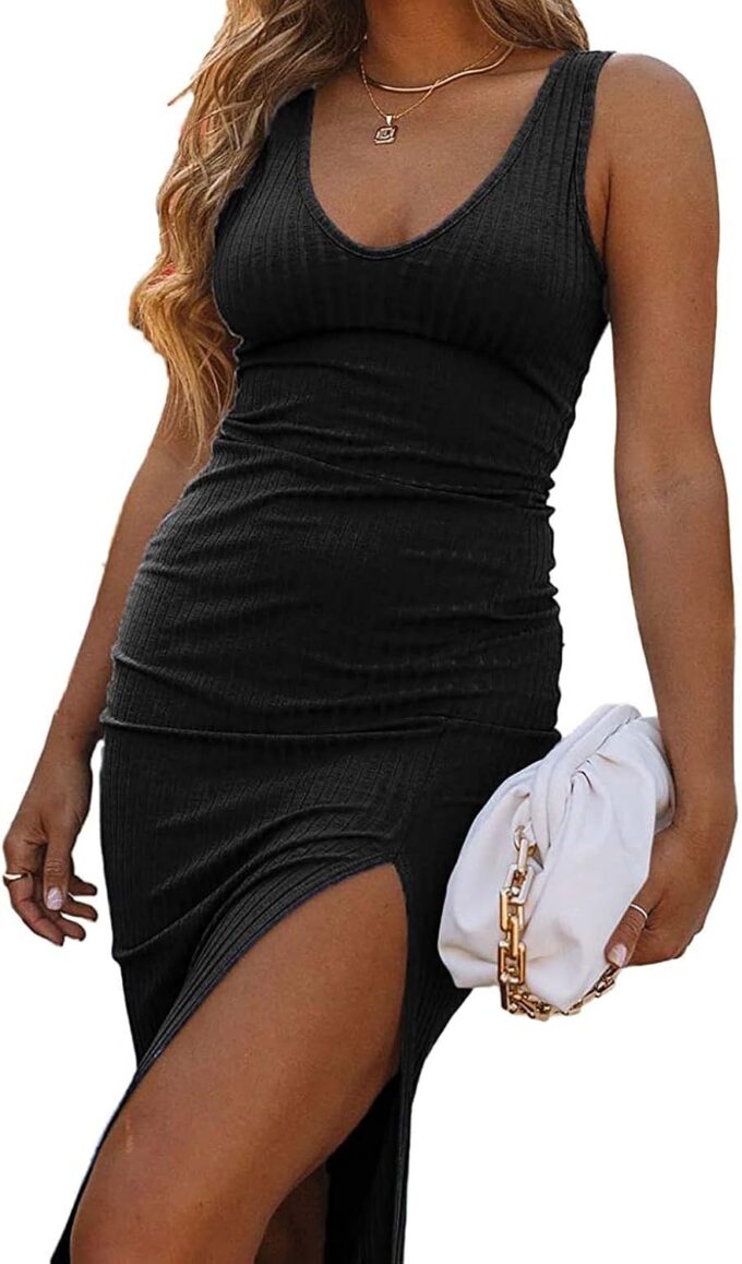 Womens Sleeveless V Neck Bodycon Dress Midi Party Dress Side Slit Ribbed Knit Pencil Dresses – Bild 2