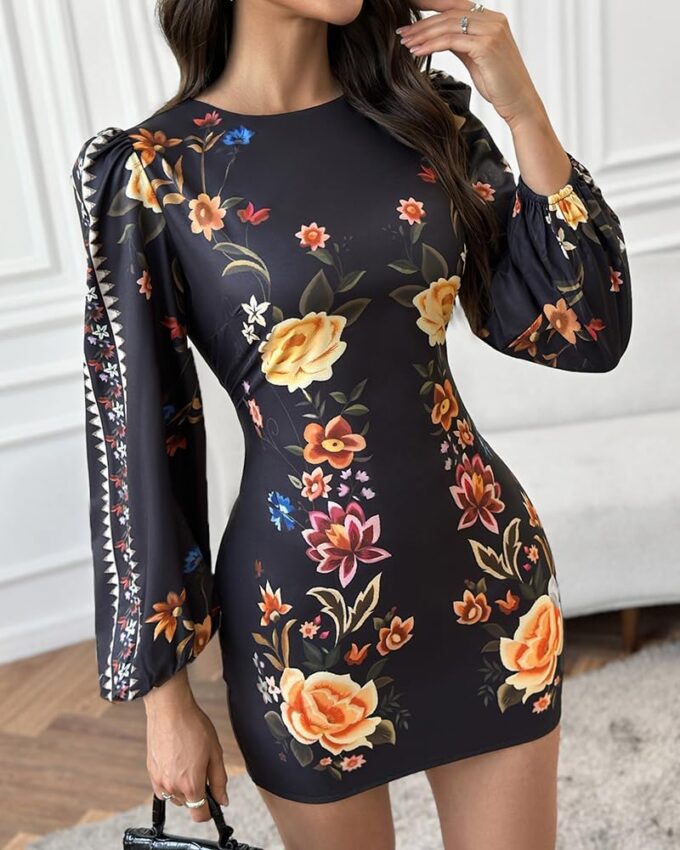 Women's Floral Print Bodycon Dress Lantern Long Sleeve Round Neck Waist Cutout Guest Cocktail Midi Dresses – Bild 3