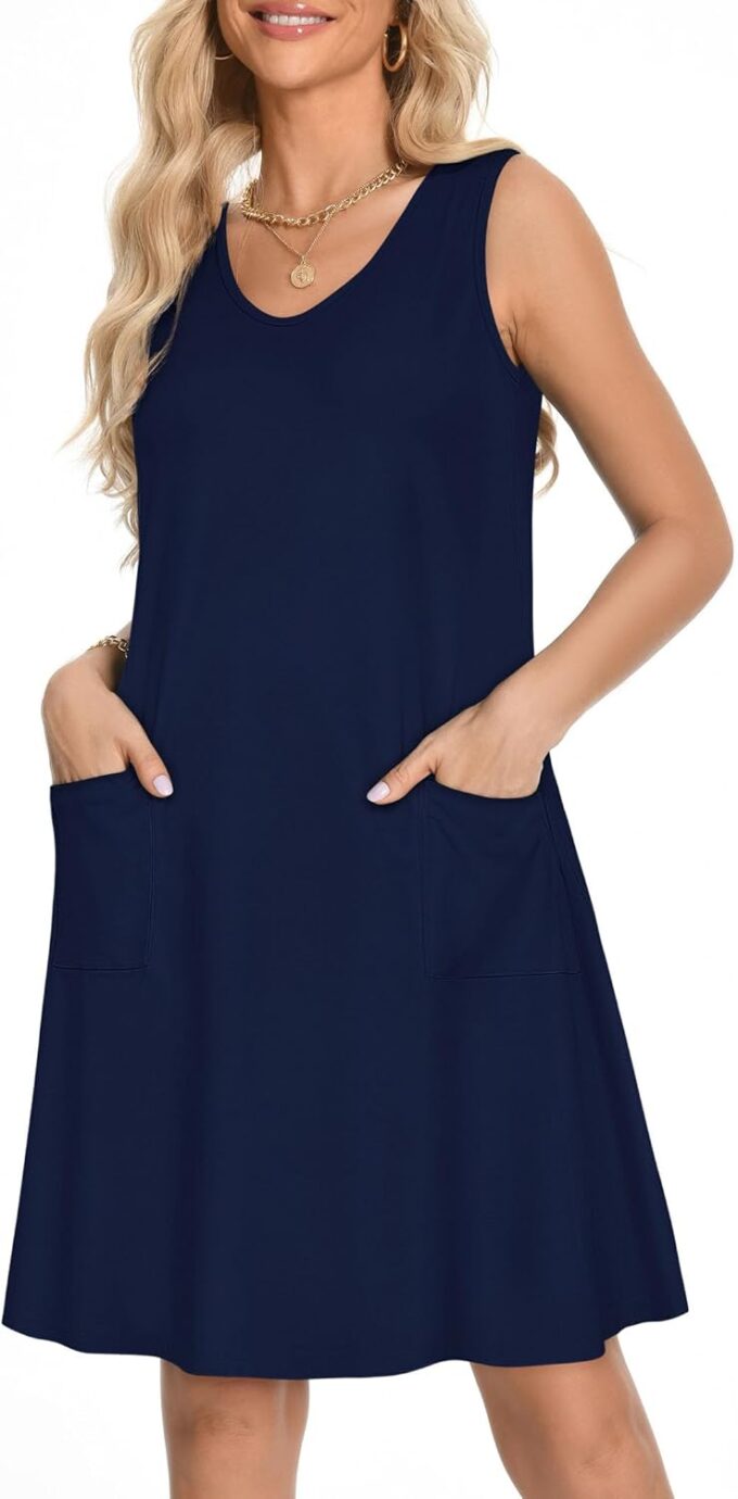 elescat Womens Summer Dresses Casual V Neck Sleeveless Pockets Beach Loose Tank Sundress – Bild 2