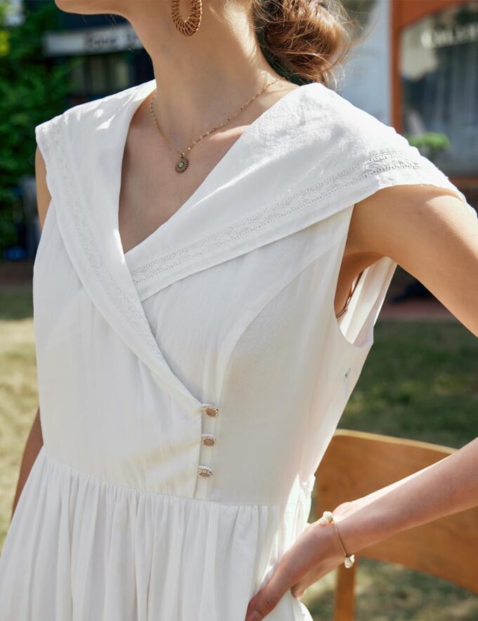 Women's White Cotton Boho Embroidered Eyelet Midi Dress, Sailor Collar Sleeveless Summer Casual Beach Vacation Dress – Bild 4