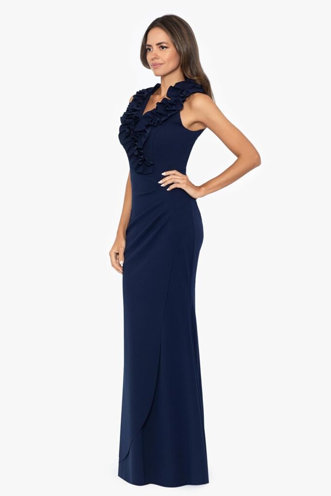 Xscape Women's Elegant V-Neck Scuba Crepe Dress with Ruffle Detail and Center Back Zipper – Bild 2