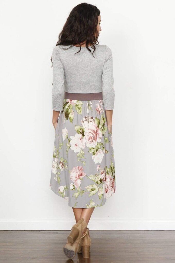 Eloges Damen-Midikleid mit 3/4-Ärmeln, Kontrastband/Schärpe, Blumenmuster/Streifen, gebogener Saum, mit Taschen, Eier – Bild 3