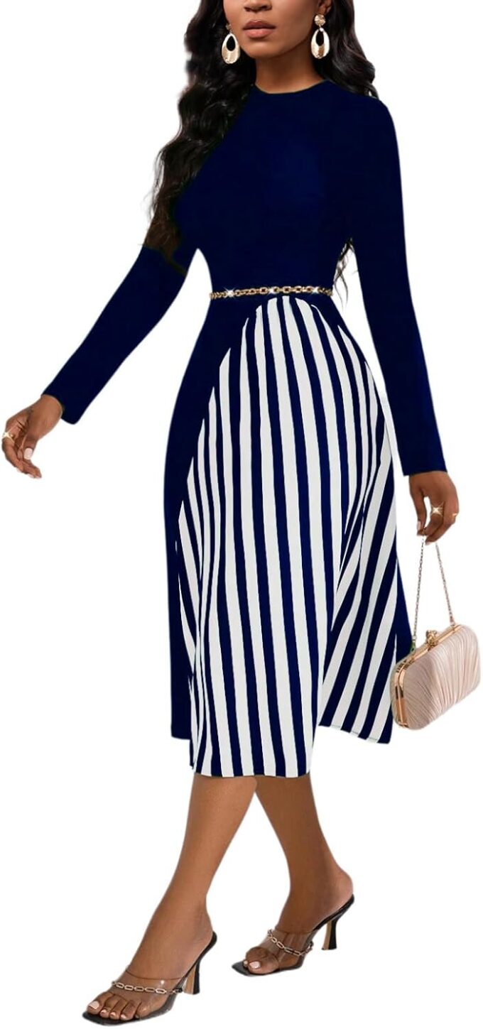 HipGlamp Damen Casual Rundhals Langarm Kleid 2024 Splice Gestreiftes Midikleid Bleistift Cocktailkleider – Bild 6