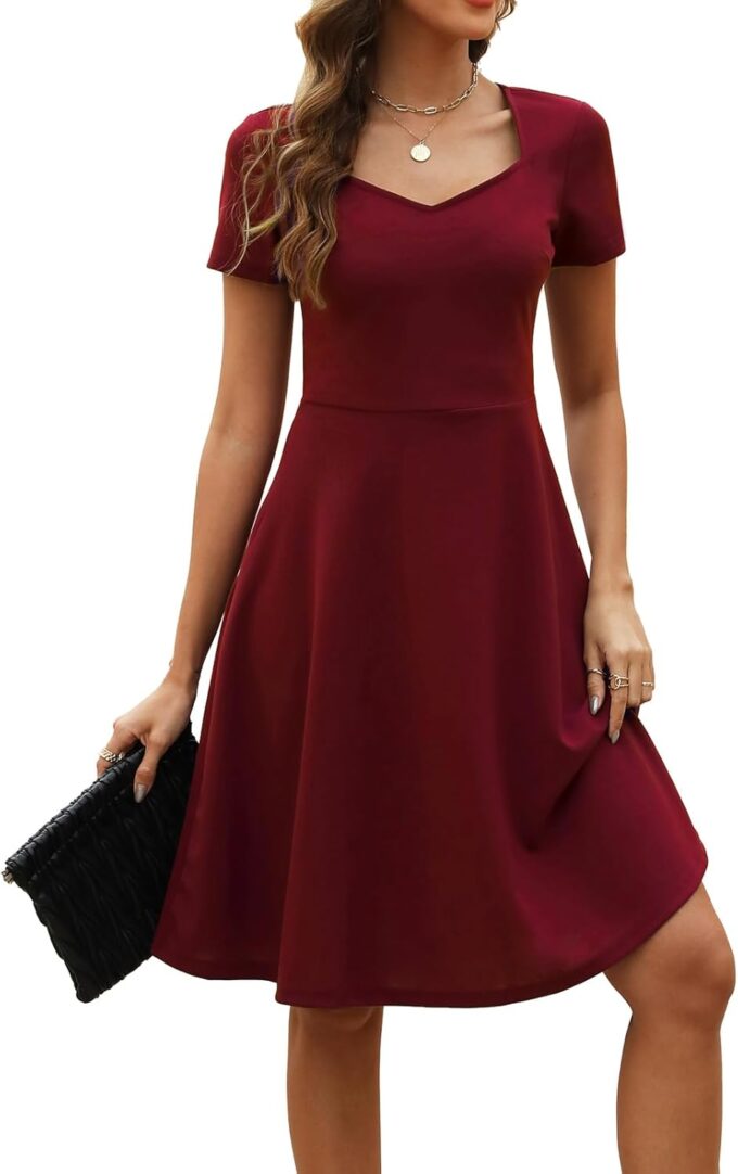 BARASA Damenkleid, elegant, Herzausschnitt, kurze Ärmel, Party, A-Linie, knielang, D163, Burgunder, XX-Large – Bild 3