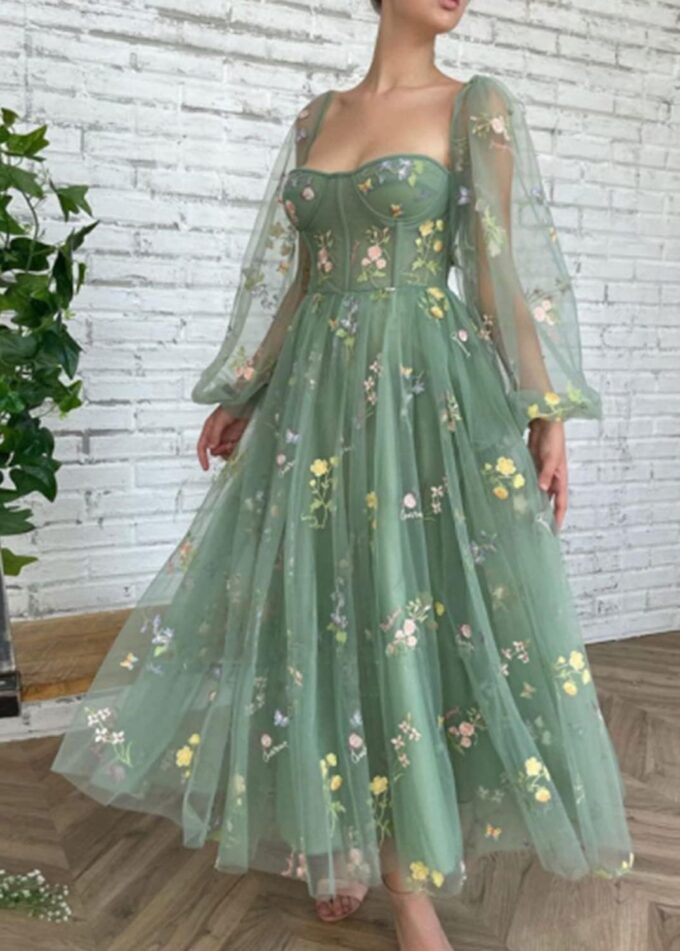 Flower Embroidery Prom Dresses Puffy Sleeve A-line Tulle Evening Party Gowns 2023 Tea Length for Women Formal Long Sleeve Green M – Bild 2