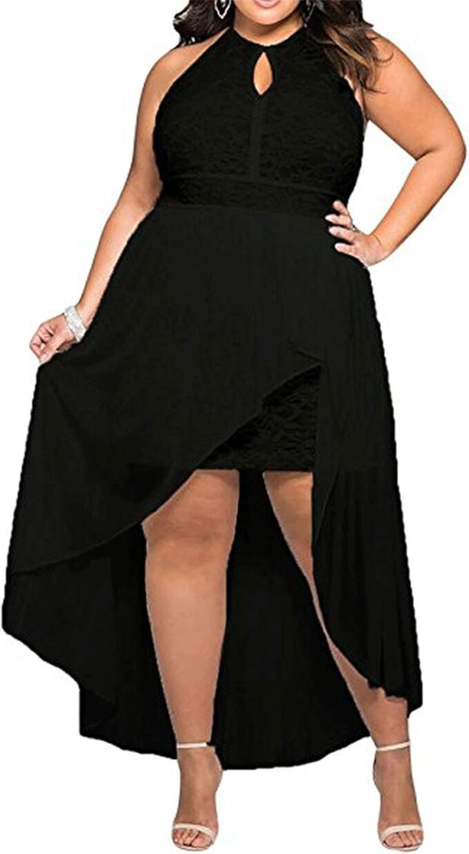 - 818 - Plus Size Hi Low Lace Overlay Halter Cocktail Casual Beach Wedding Maxi Dress