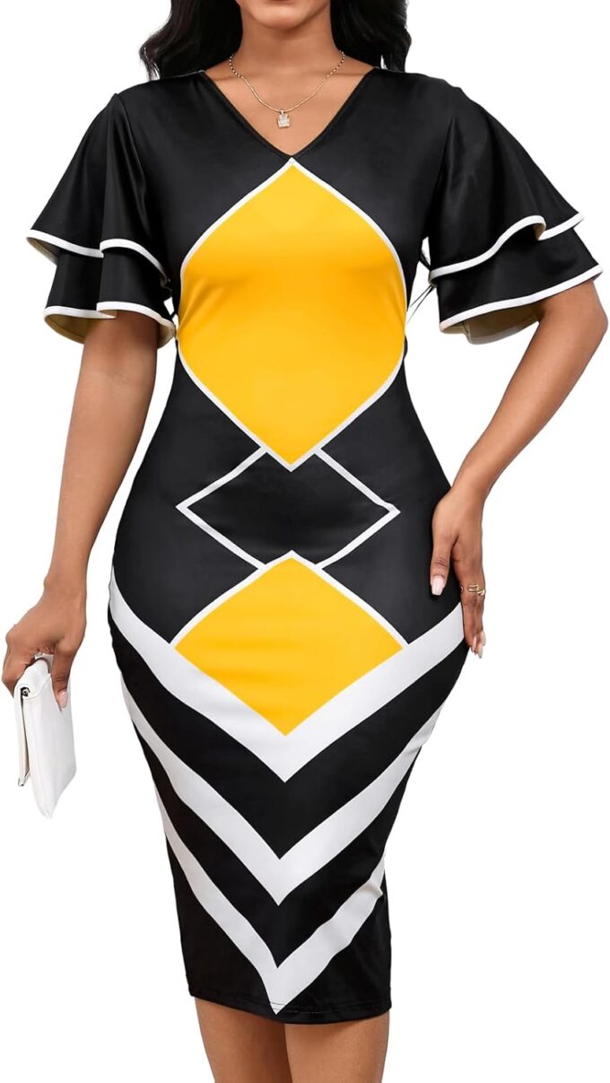 VisiChenup Women's Sexy African Pencil Dress Ruffles Sleeve Bodycon Midi Dresses
