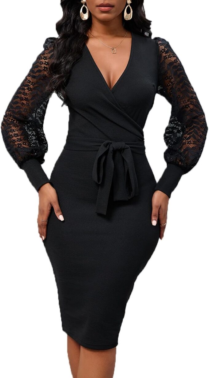 Womens Sexy Wrap V Neck Lantern Lace Long Sleeve Bodycon Midi Dress Semi Formal Cocktail Party Dresses – Bild 5