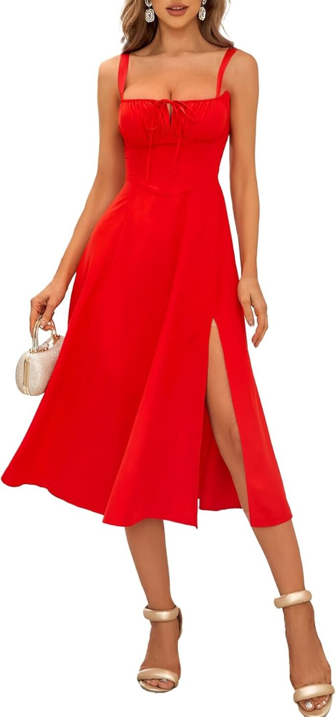 Bustier Corset Dress for Women 2024 Summer Casual with Slit Spaghetti Strap Formal Midi Flowy Dresses