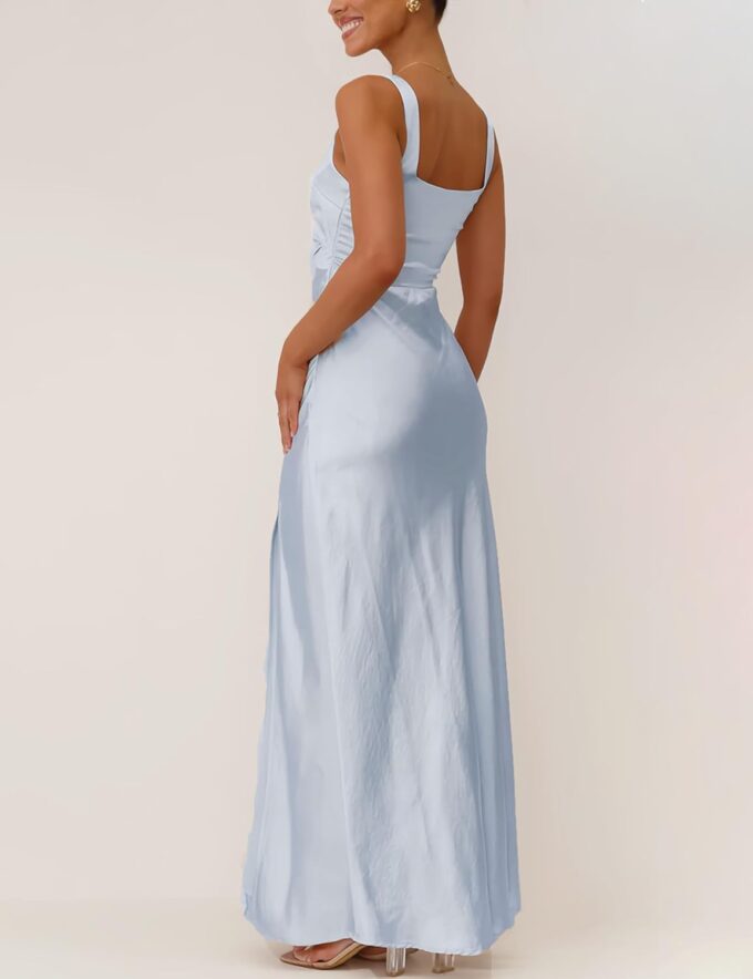 Summer Vacation Satin Maxi Dresses for Women 2025 Square Neck Formal Elegant Ruched Tank Top Wedding Guest Dress with Slit – Bild 2