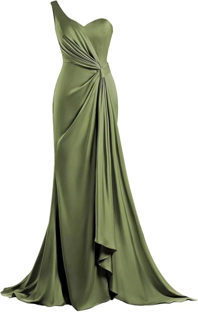 One Shoulder Bridesmaid Dresses Mermaid Satin Prom Dress 2025 Long Ruched Bodycon Evening Party Gowns with Slit
