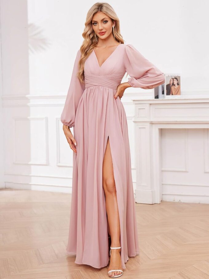 Women's Long Sleeve Bridesmaid Dresses with Slit V Neck Chiffon Ruched Formal Wedding Guest Party Dresses – Bild 5