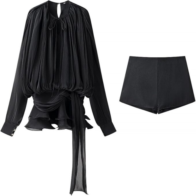 Unybwonn Elegant Ruffle Mini Dress Pleated Long Sleeve Lace up Short Dress Tie Waist Cocktail Mini Dresses with Shorts – Bild 2