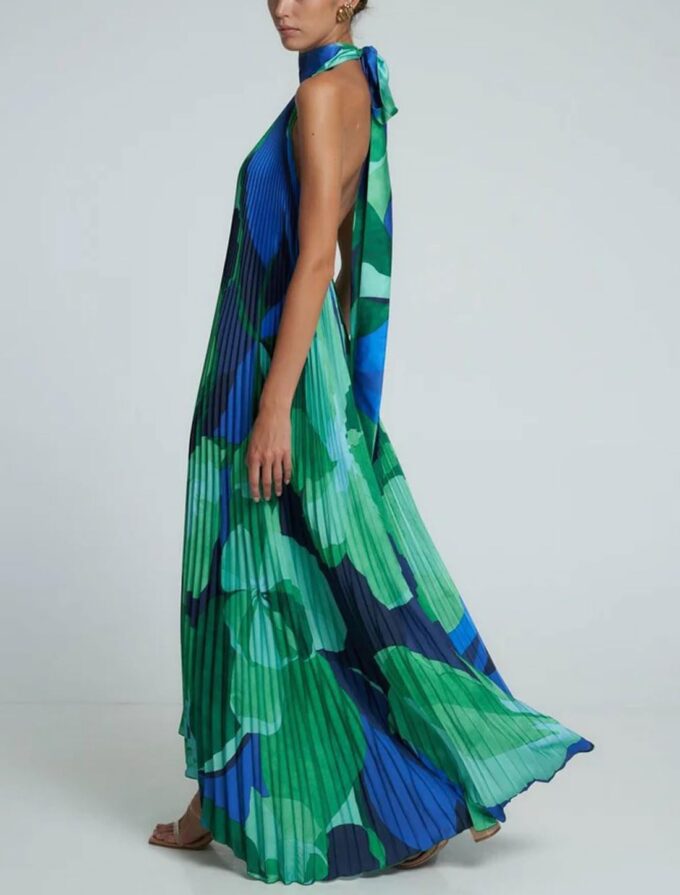 GGUHHU Womens Color Block Floral Maxi Halter Dress Hollowed V-Neck Backless Accordion Beach Dresses – Bild 3