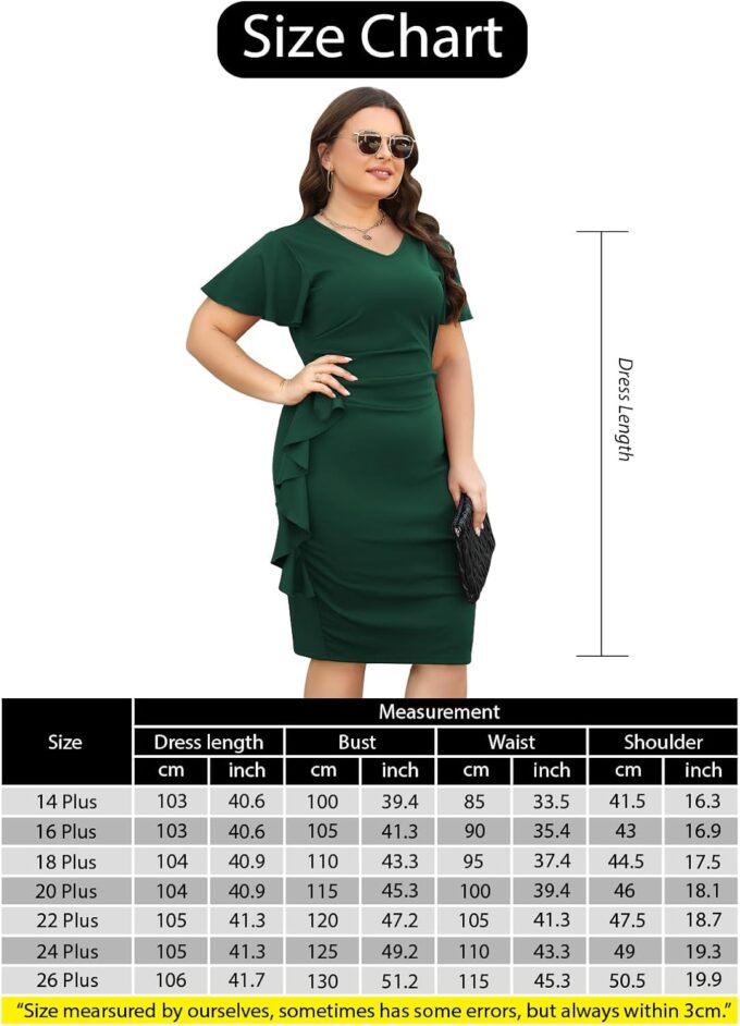 Celkuser Figurbetontes Kleid für Damen, Übergröße, für Arbeit, Kirche, Retro, V-Ausschnitt, Rüschenärmel, lässig, Cocktailparty, Bleistiftkleid, Midi-Kleid – Bild 6