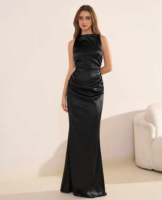 GLNEGE Women's Satin Mock Neck Maxi Formal Dresses Elegant Sleeveless Backless Wedding Guest Evening Party Dress – Bild 4