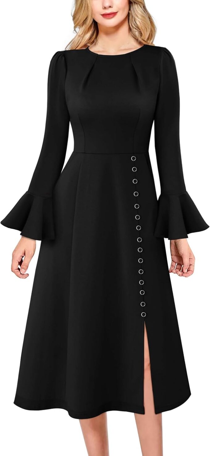 VFSHOW Damen-Kleid, plissiert, Rundhalsausschnitt, Glockenärmel, Taschen, Schlitzknöpfe, Business, Arbeit, Büro, schmale Passform und ausgestelltes A-Linien-Kleid
