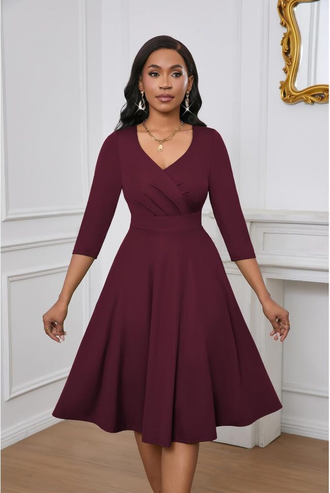 Womens Summer Dress 3/4 Sleeves V Neck 1950s Retro Vintage Wedding Cocktail Party Swing Flowy Wrap Midi Dresses Burgundy L – Bild 2