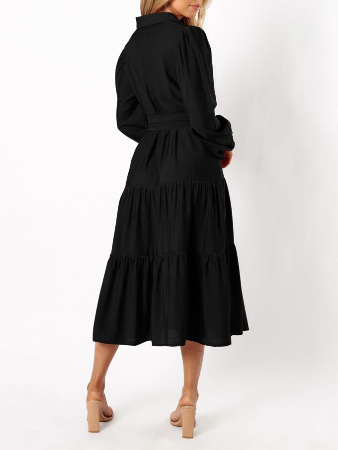 MASCOMODA Womens Dresses 2025 Fall Long Sleeve Midi Dress Casual V Neck Button Down Tiered Flowy Aline Tie Waist Shirt Dress – Bild 4