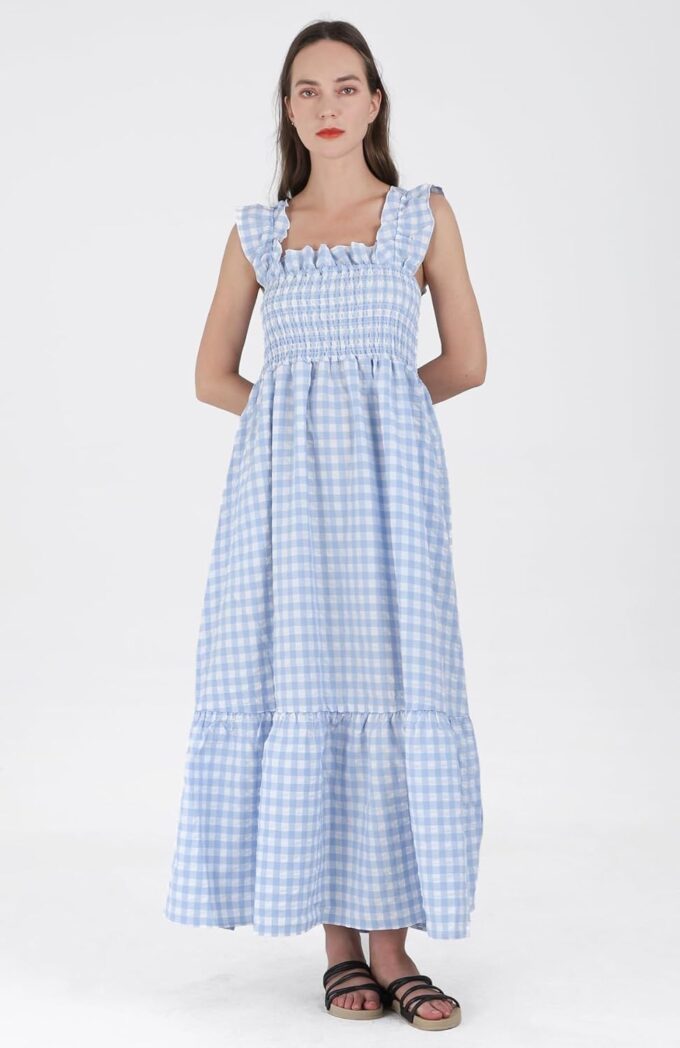 Women's Sleeveless Strap Retro Plaid A-Line Smocked Maxi Long Dress with Ruffled Hem – Bild 2
