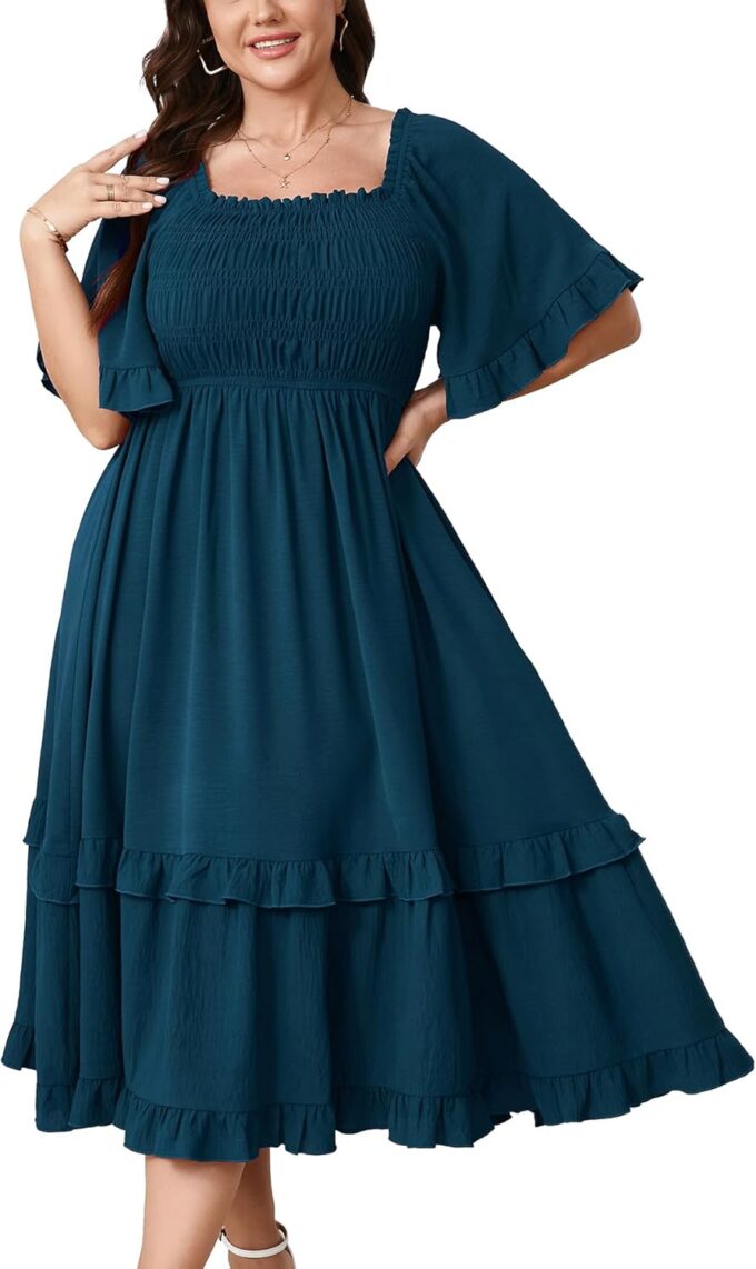 SCOMCHIC Women's Plus Size Maxi Dresses Summer Short Sleeve Square Neck Smocked Wedding Guest Cocktail Boho Long Dress