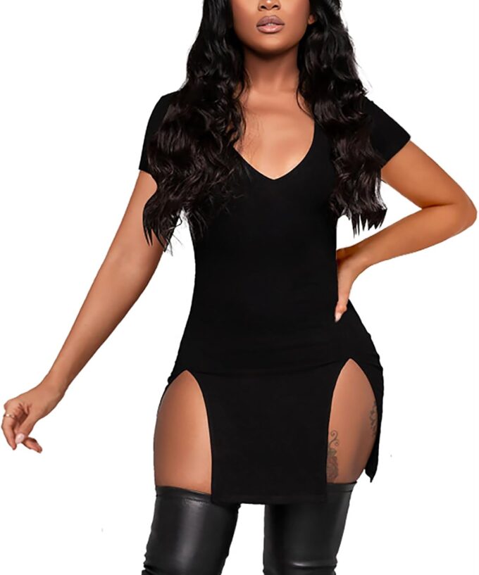 Rooscier Women's Summer V Neck Split Side Short Sleeve Bodycon Sexy Casual Mini Dress