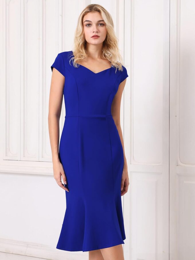 Hobemty Damen Vintage-Kleid, Herzausschnitt, Arbeit, Flügelärmel, Fischschwanz-Midikleid – Bild 2