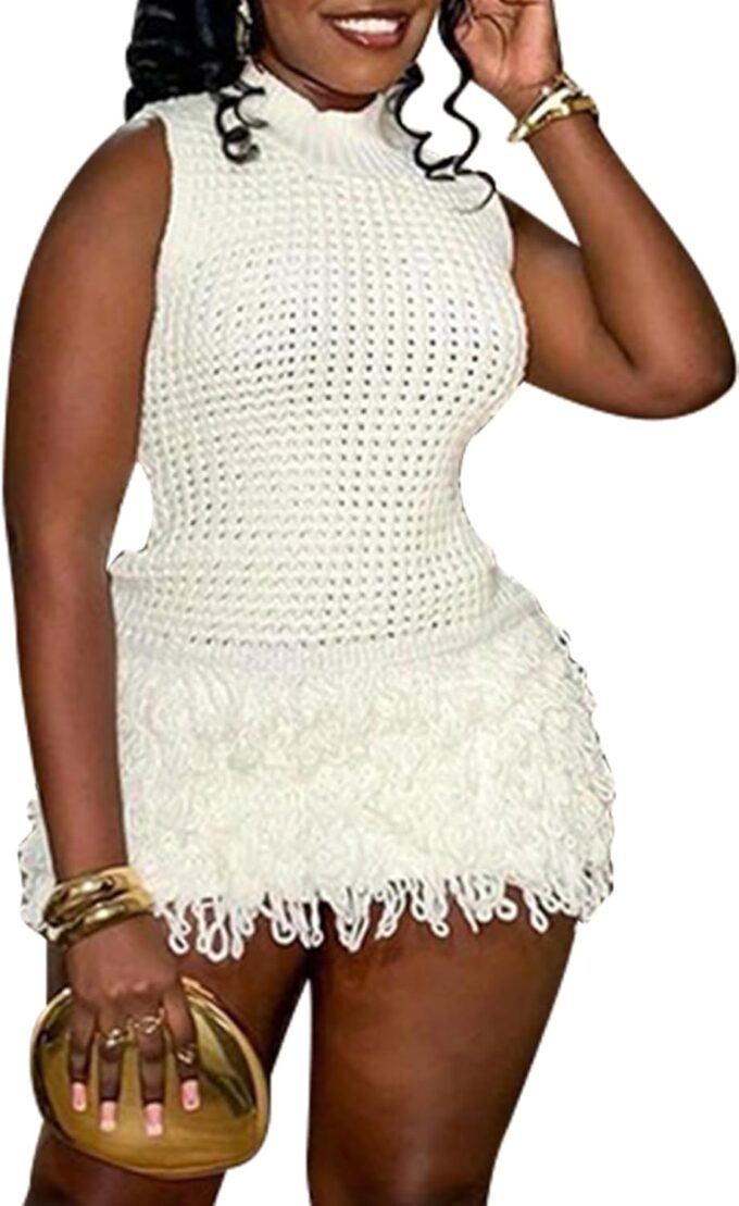 Women Crochet Fringe Mini Dress Sexy Sleeveless Hollow Out Bodycon Brithday Party Knit Tassel Dresses