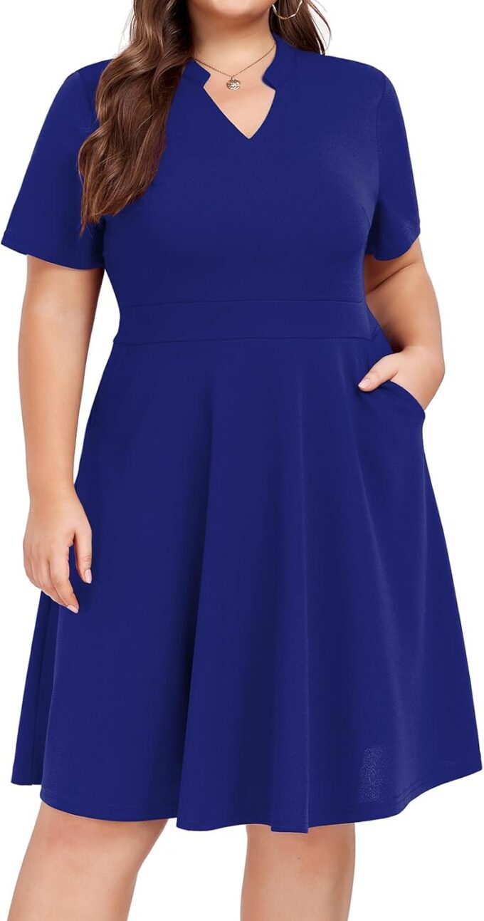 Mokayee Womens Plus Size Dresses Summer V Neck Casual Semi Formal Knee Length Church Wedding Guest Dresses with Pocktes