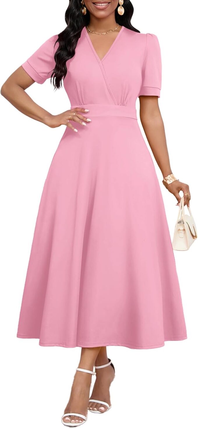 Womens Midi Dresses V Neck Cocktail Church Tea Dresses Short Sleeve A-Line Swing Dresses