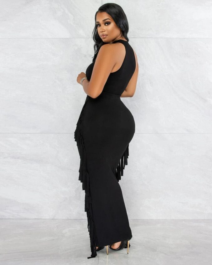 2 Piece Outfits for Women Sexy Halter Neck Sleeveless Crop Tops Ruched Bodycon Dresses Jumpsuits Fringe Skirt Sets – Bild 4