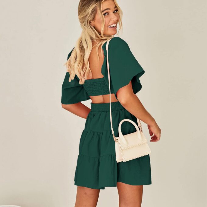 Shy Velvet Women's Summer Dress Square Neck Short Sleeves Crossover Waist Casual Party Mini Dress – Bild 2