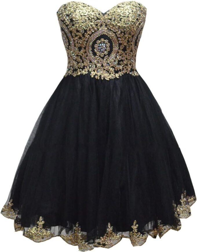 Lemai Tulle Little Black Short Gold Lace Corset Prom Homecoming Cocktail Dresses – Bild 5