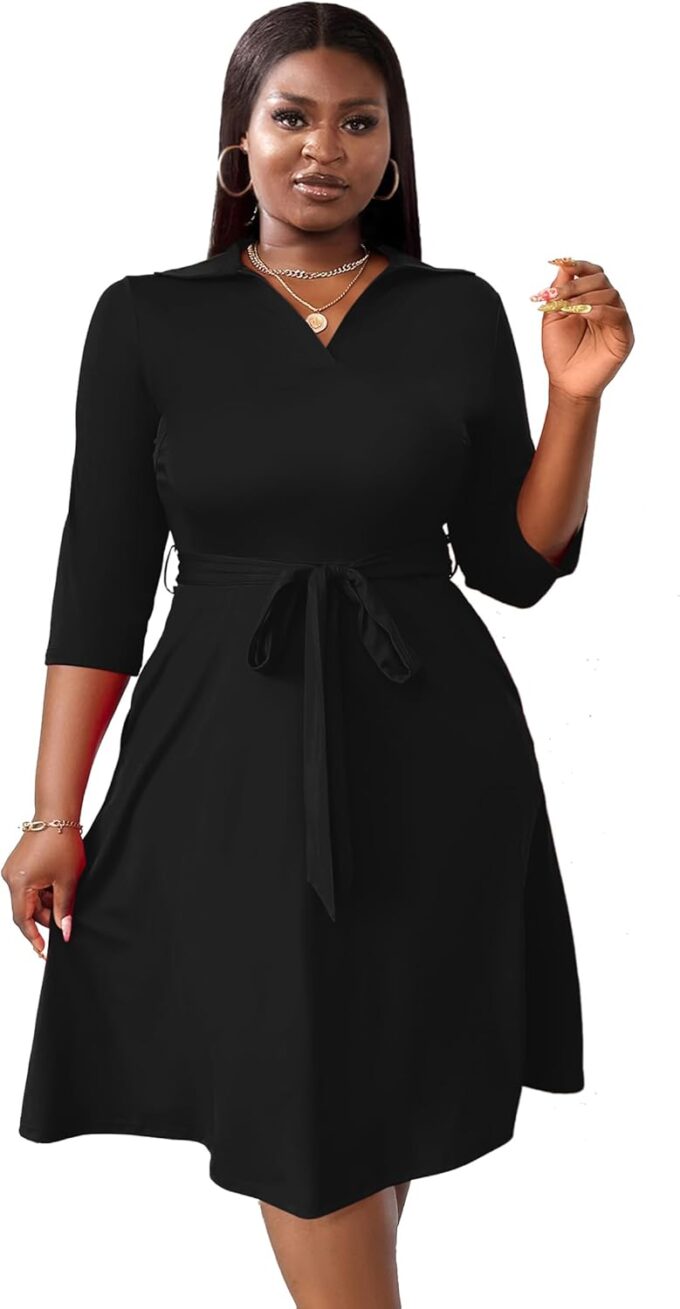 FANDEE Plus Size Midi Dress for Women - Printing Summer Dresses for Wedding Guest Cocktail Party 3/4 Sleeve V Neck（XL-5XL） – Bild 5