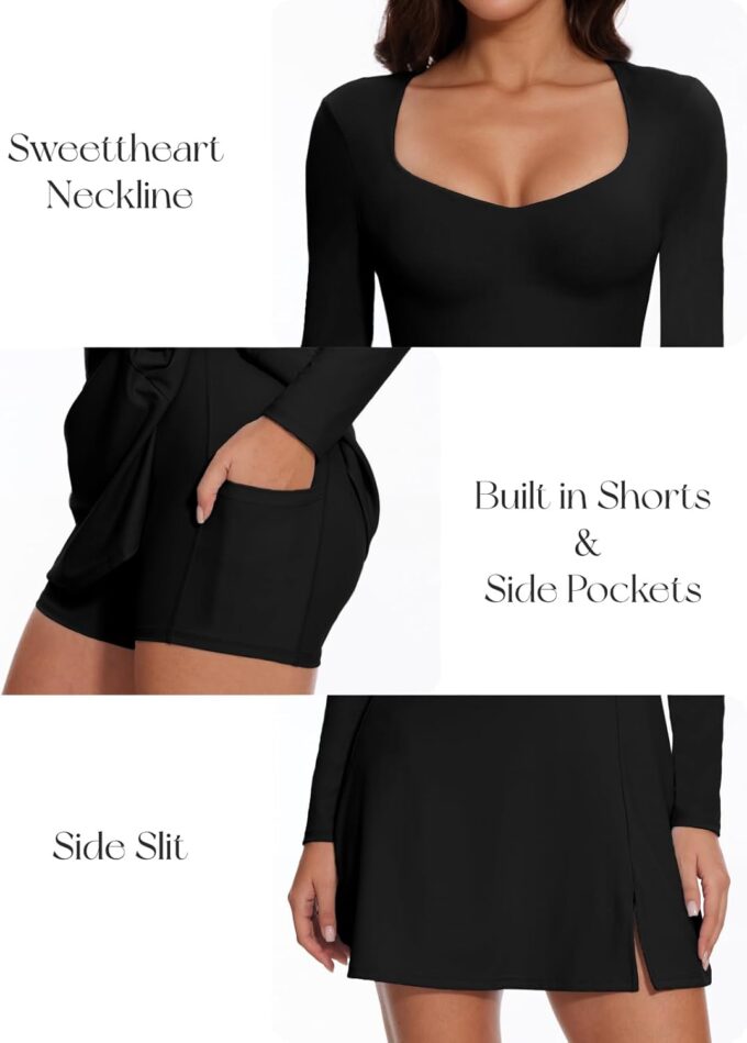 Wenlia Long Sleeve Dresses for Women 2025 Fall Women's Mini Bodycon Sweetheart Neckline Dress with Slit Built in Shorts – Bild 3